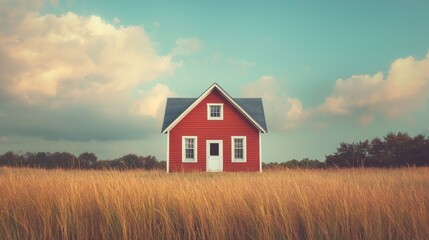 Obraz premium Vibrant Red House Surrounded by Lush Golden Grass Under a Dreamy Sky with Soft Clouds and Calm Atmosphere