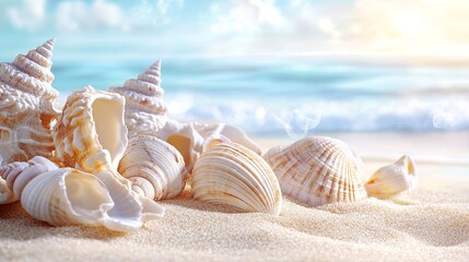 A close-up of a seashell collection on a sandy beach, soft light reflecting off the shells. digital