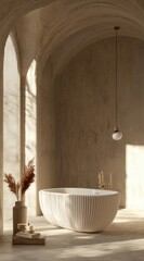 Serene Bathroom Retreat Featuring a Freestanding Tub and Natural Accents. LED details and modern furniture