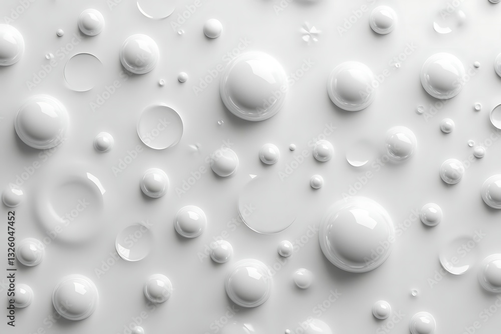 Poster 3d render of white bubbles on a grey background, viewed from above, creating a soft and modern aesth