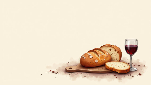 Illustrated Christian themed bread and wine still life with a vintage feel.