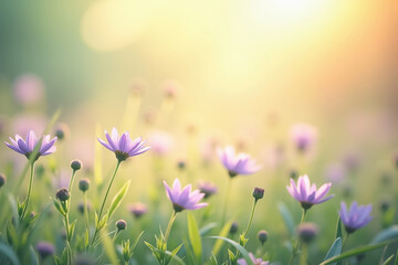 dreamy close-up of purple wildflowers in soft, warm light, creating a serene and ethereal atmosphere. Spring background