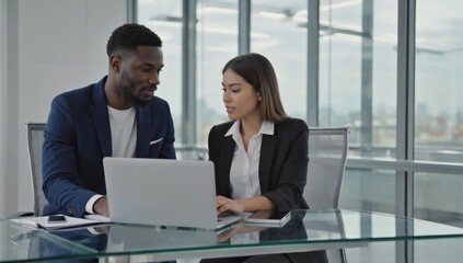 Fototapeta premium Two professionals engage in a discussion while working on a laptop at a glass desk in a contemporary office. The large windows provide ample natural light