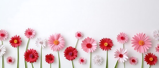 Obraz premium A vibrant border of 3D pink and red paper daisy flowers against a clean white background, perfect for spring-themed designs and cheerful decorations.