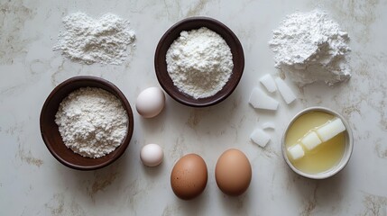 A flat lay of baking ingredients including flour, sugar, and eggs placed on a light surface digital