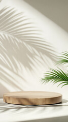 White background of wall with palm shadows and wooden podium. Free space for your decoration. product presentation. AI Generated Images