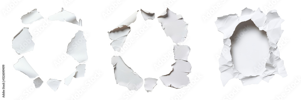 Poster torn paper holes on a black background creating various shapes.