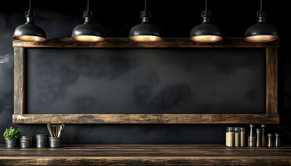 Dark, rustic restaurant interior with chalkboard menu