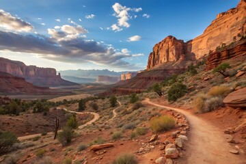 A Winding Desert Trail Meanders Through A Breathtaking Canyon Landscape At Sunset, Bathed In Warm Golden Light And Shadowed By Majestic Red Rock Formations