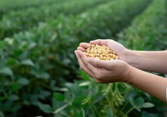 Hands holding soybeans in a lush green field, symbolizing agriculture and sustainability