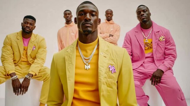 Confident Men in Vibrant, Colorful Suits Studio Fashion Style Showcase