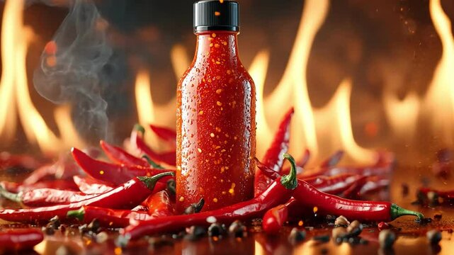 Spicy hot sauce bottle with red chili peppers and flames, igniting intense flavor and heat in every drop.