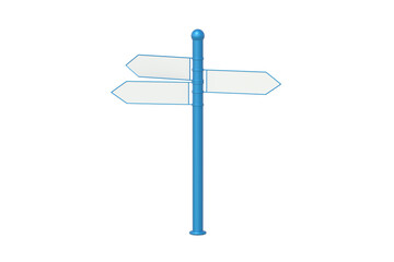 Blue signpost isolated on white background. Crossroad sign board with empty plaques. Choice of direction. Street navigation. 3d render
