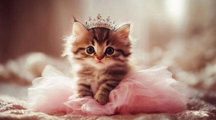 A fluffy kitten dressed as a ballerina with a tiny tutu and tiara digital