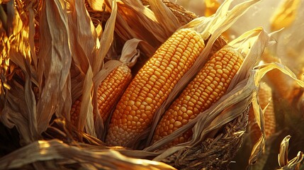 A close-up of ripe, golden corn on the cob in a basket, soft natural light highlighting the texture. digital