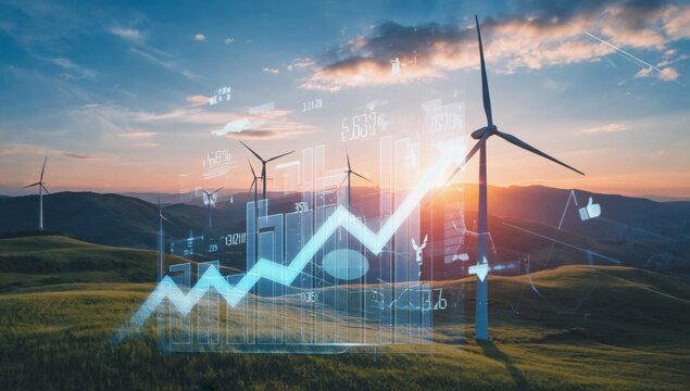 Wind turbines stand in a green landscape as the sun sets, symbolizing renewable energy progress with a graphical representation of growth and data trends superimposed