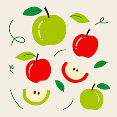Drawing of red and green apples in different forms, whole, sliced, and leaves with a simple and playful style. Perfect for fruit-themed design promoting health and wellness.