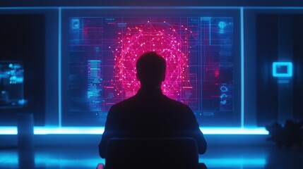 Person Observing Futuristic Data Visualization on Large Screen in Dark Room Highlighted by Neon Lights and Abstract Graphics