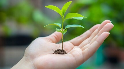 Small sapling growing from the palm of a hand representing growth success and nurturing potential