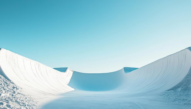 Snowboarding half-pipe stands empty, clear sky above.