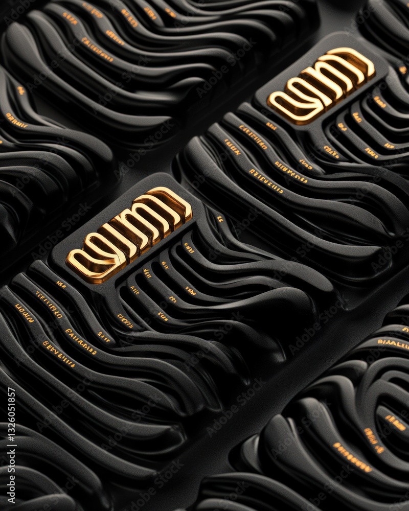 Poster macro shot of textured black surface with golden accents and intricate patterns illuminated by studi