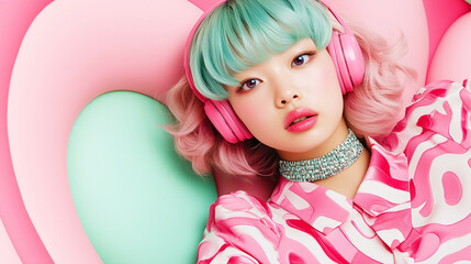 trendy young asian woman with colorful hair, girly headphones and futururistic fashion in pastel pink and green candy color