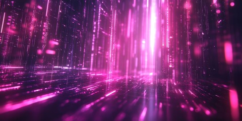 Obraz premium A vivid, futuristic 3D scene with swirling lines and dots on a dynamic pink-purple backdrop, evoking an abstract world
