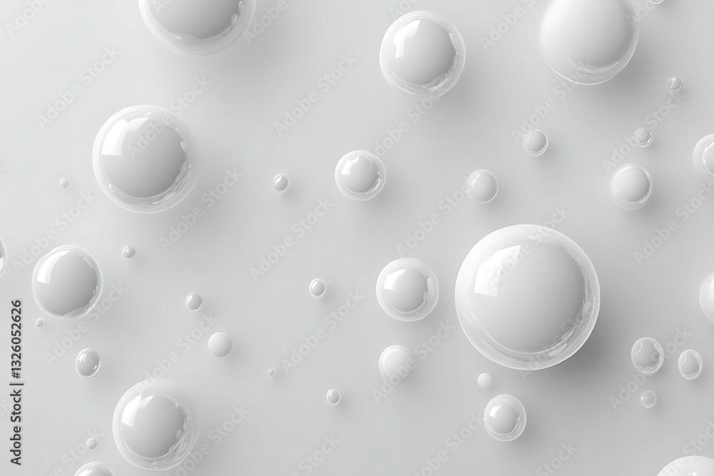 Poster 3d render of white bubbles on a grey background, viewed from above, creating a soft and modern aesth