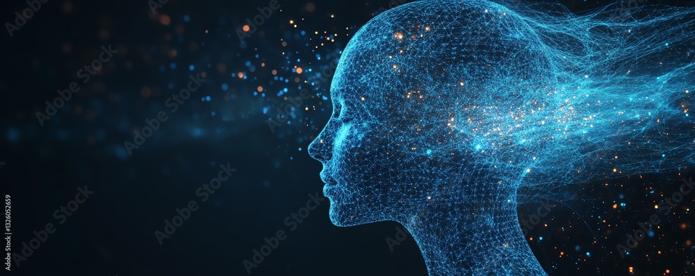Poster futuristic software technologies concept with blue shadow human head side view, dark background, cod