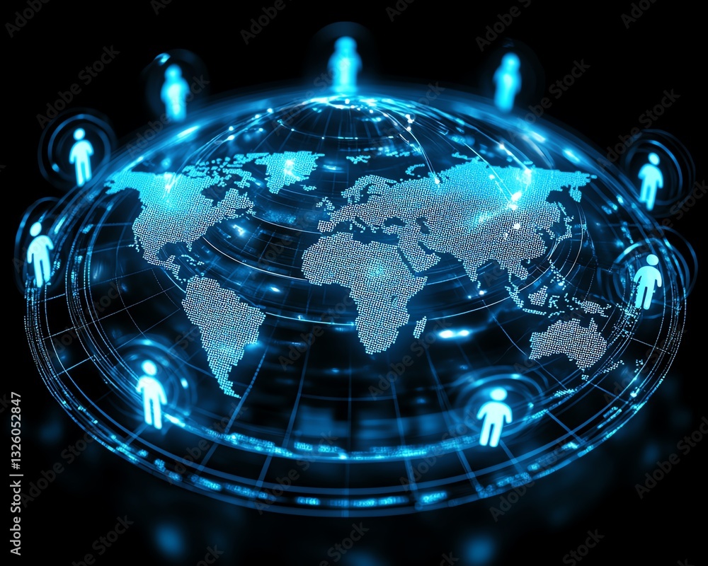 Poster global network and social communication concept, digital world map globe surrounded by blue user ico