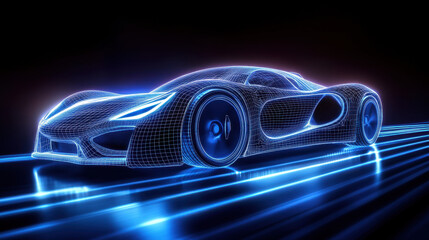 A blue wireframe hologram of an electric sports car driving on the highway
