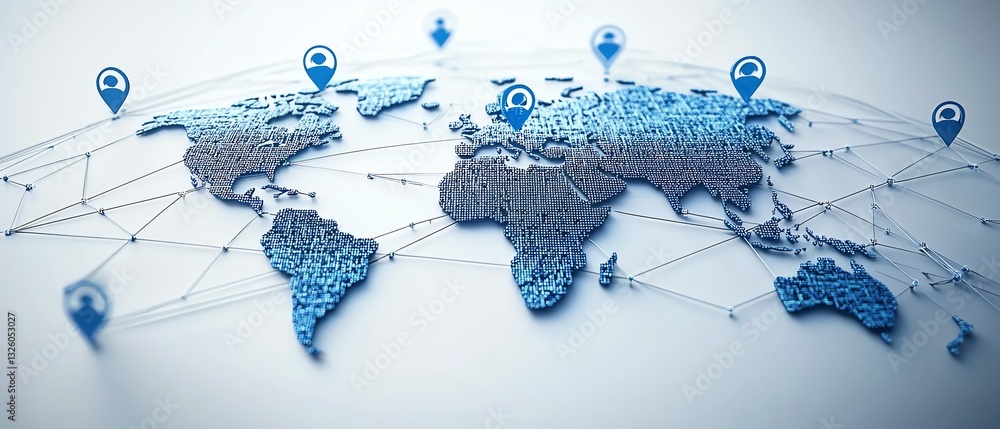 Poster global network and social communication concept, digital world map globe surrounded by blue user ico