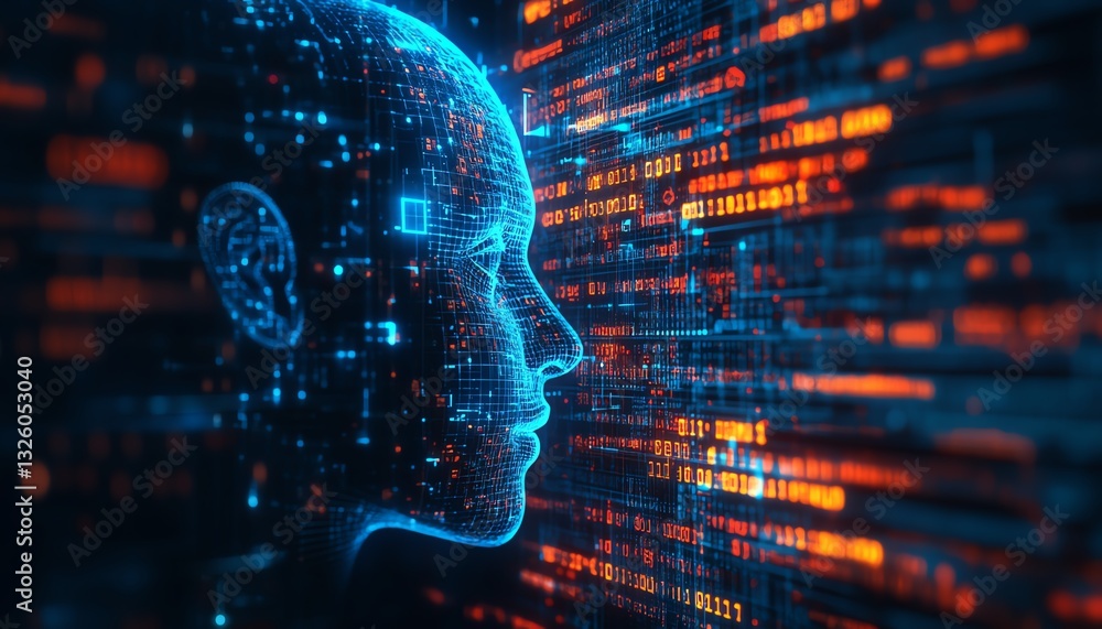 Aufkleber machine learning and software technologies concept with blue shadow human head side view on dark bac