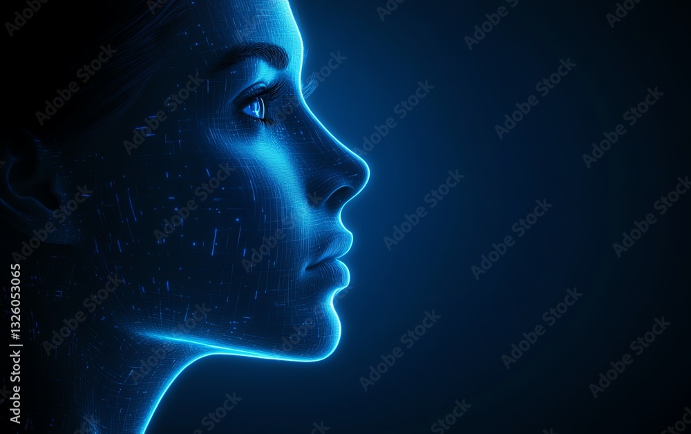 Poster machine learning and software technologies concept with blue shadow human head side view on dark bac