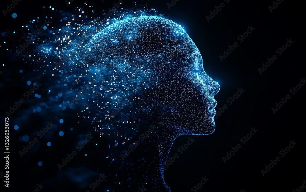 Aufkleber machine learning and software technologies concept with blue shadow human head side view on dark bac