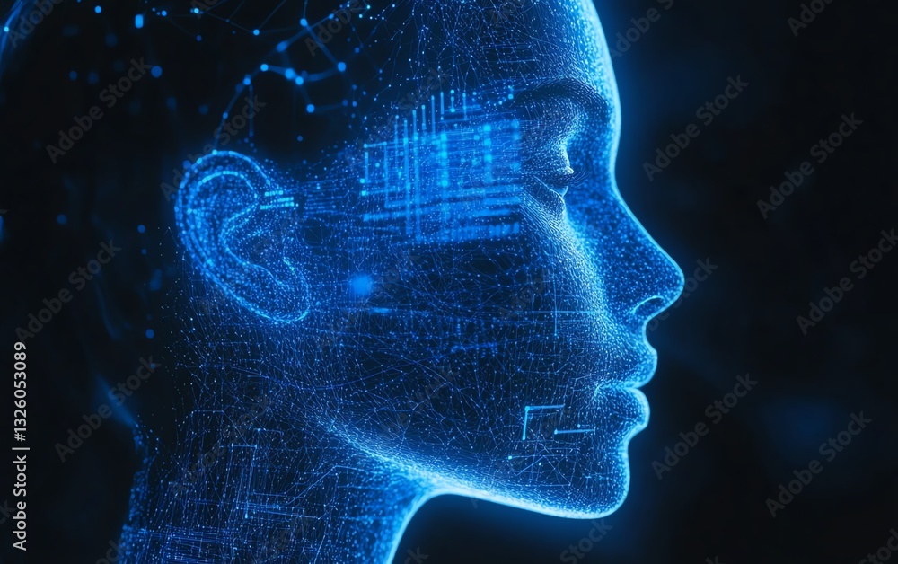 Aufkleber machine learning and software technologies concept with blue shadow human head side view on dark bac