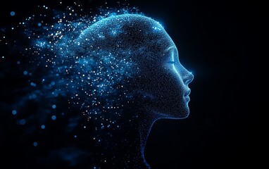 Machine learning and software technologies concept with blue shadow human head side view on dark background