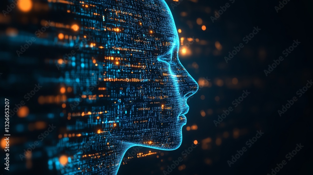 Poster machine learning concept with blue shadow human head side view, dark background, coding and programm