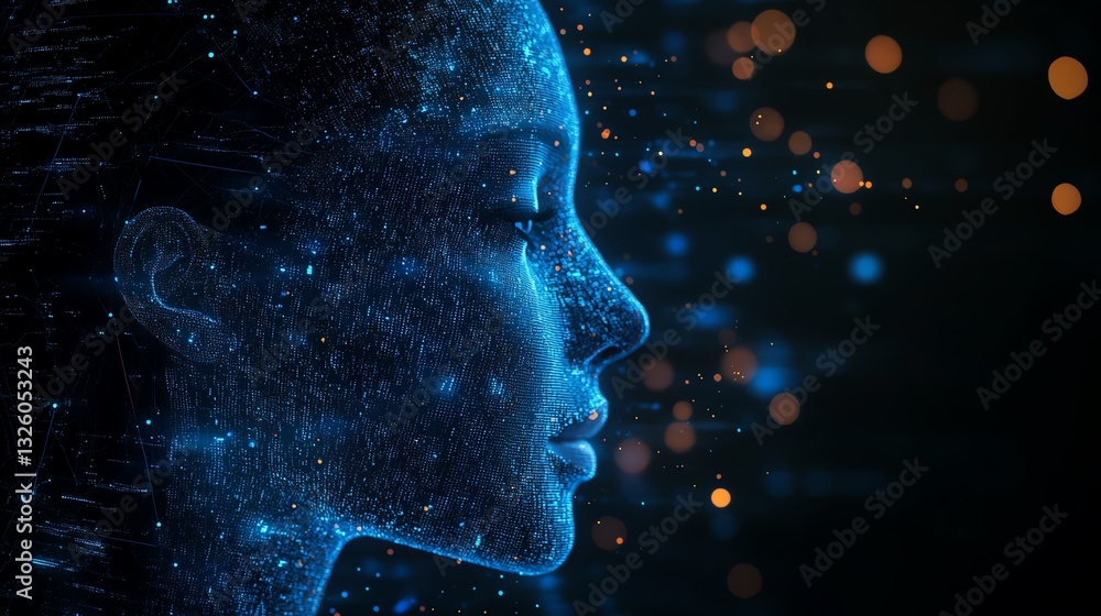 Poster machine learning concept with blue shadow human head side view, dark background, coding and programm