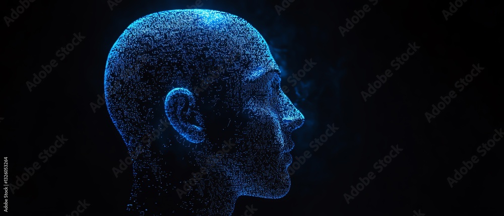 Poster machine learning concept with blue shadow human head side view, dark background, coding and programm
