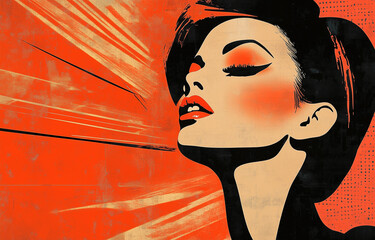 Retro vintage mid century pop art style poster illustration featuring a striking image of a woman, landscape ratio 36:23