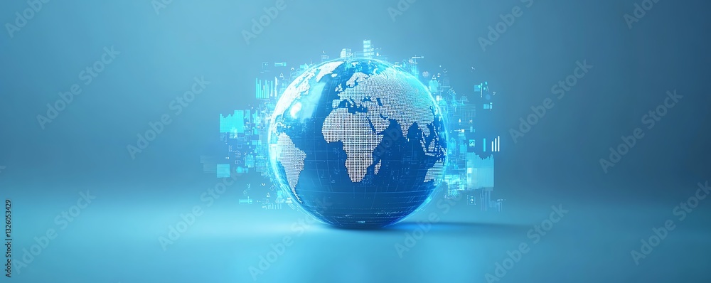 Poster 3d digital world map globe surrounded by blue user icons and statistics indicators, global network a