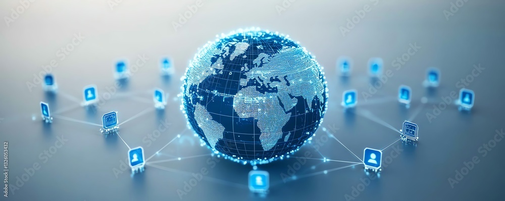 Poster 3d digital world map globe surrounded by blue user icons and statistics indicators, global network a