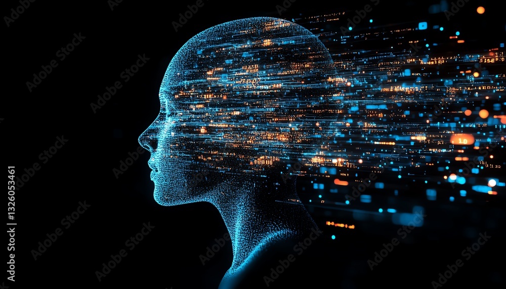Poster 3d rendering of a blue shadow human head side view, dark background, machine learning and software t
