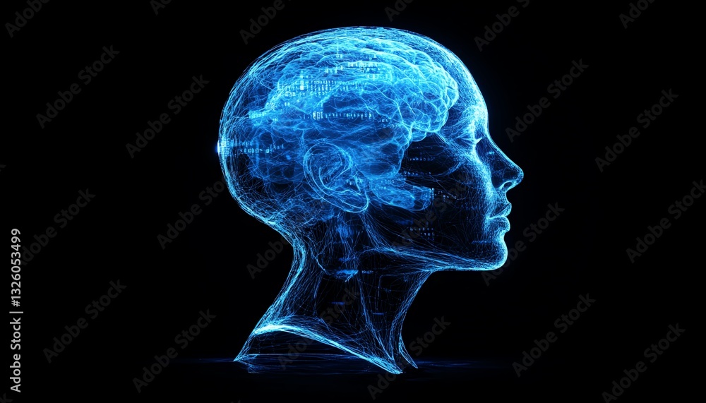 Poster 3d rendering of a blue shadow human head side view, dark background, machine learning and software t