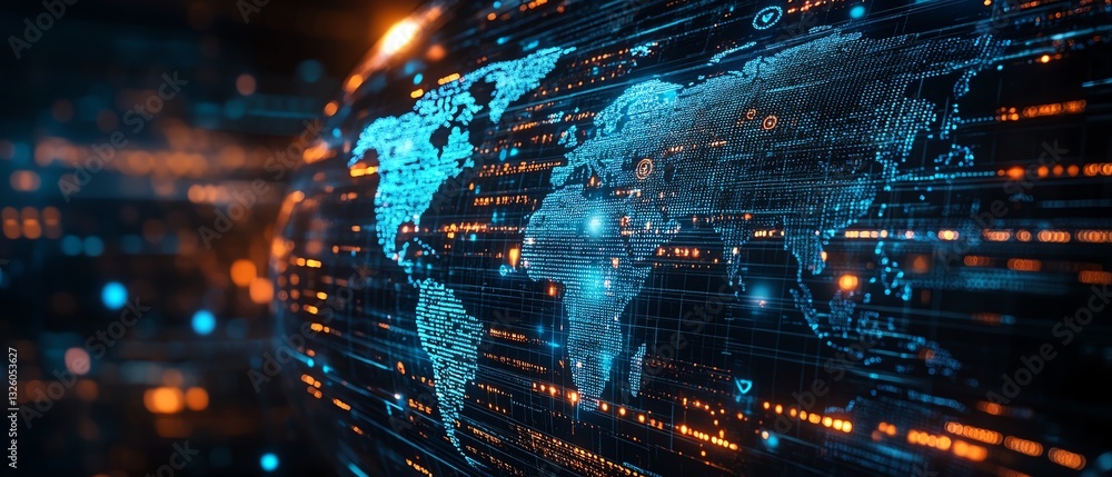Poster 3d rendering of global network concept, digital world map globe with blue user icons and stats indic