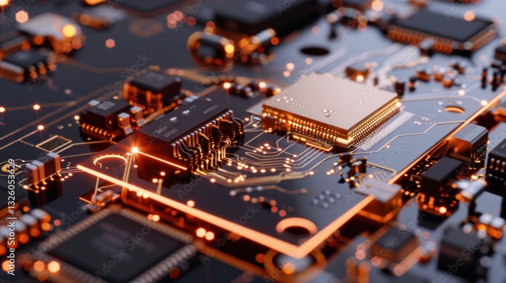 Poster intricate close-up of a modern circuit board with glowing components