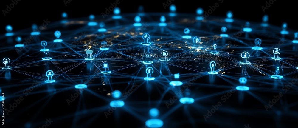 Poster 3d rendering of global network, digital world map globe with blue user icons and statistical indicat