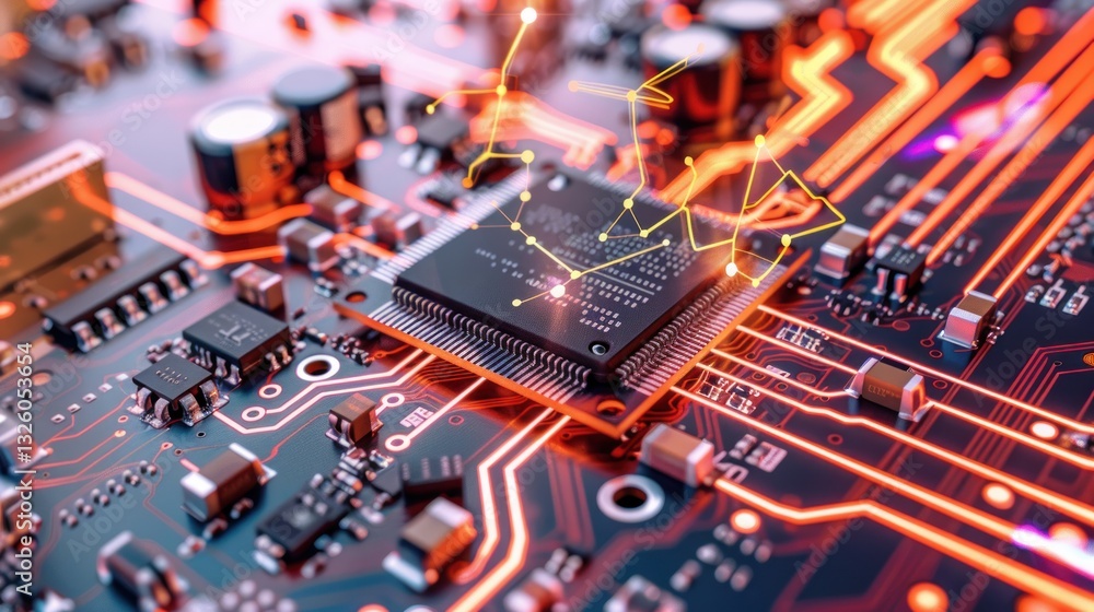 Poster futuristic microchip on circuit board with electric signals flowing
