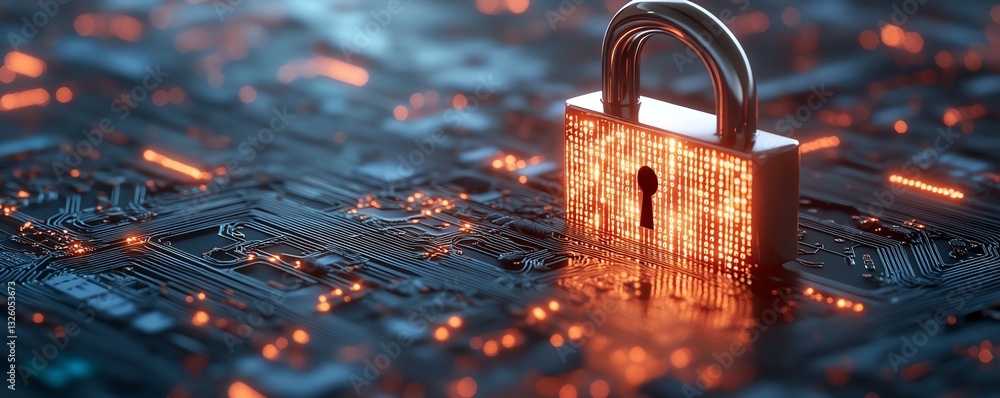 Poster 3D rendering of padlock with binary code on circuit surface, future technology and cyber security, white background with space for advertising, digital protection concept